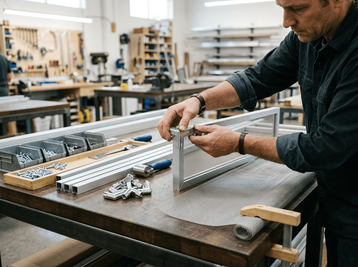 Custom mesh screen being fabricated to exact window specifications in the MURO workshop