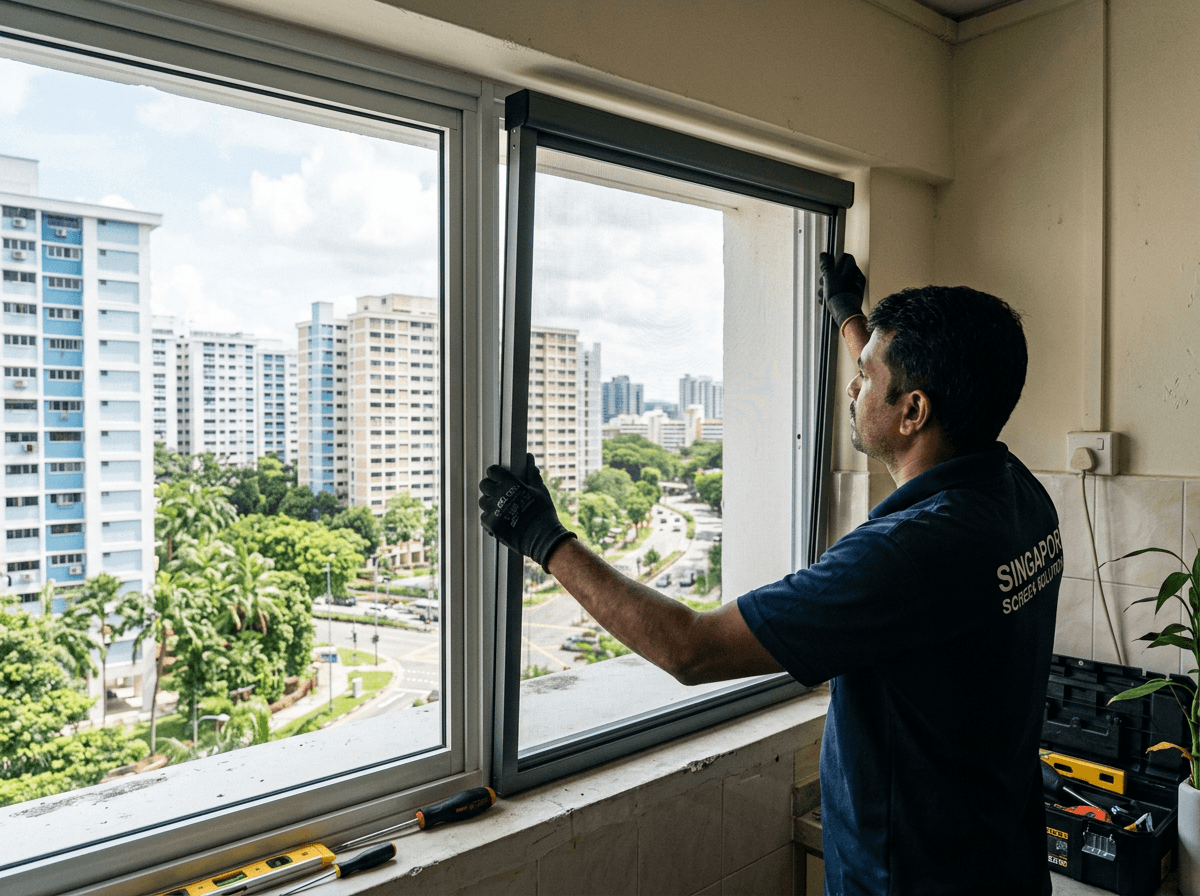 Professional installation of MURO invisible mesh system on a window