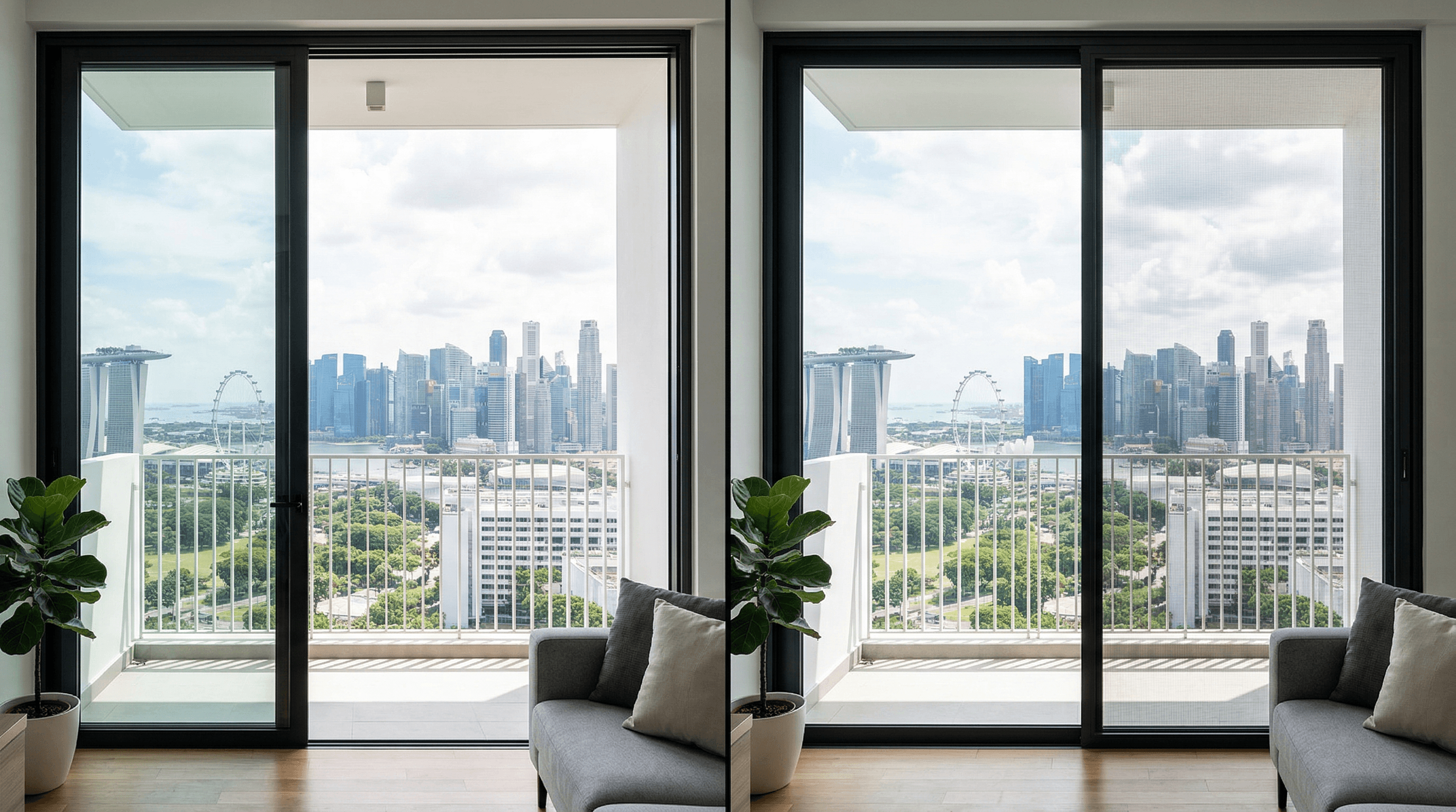 Clear unobstructed view through MURO invisible mesh compared to traditional window grilles